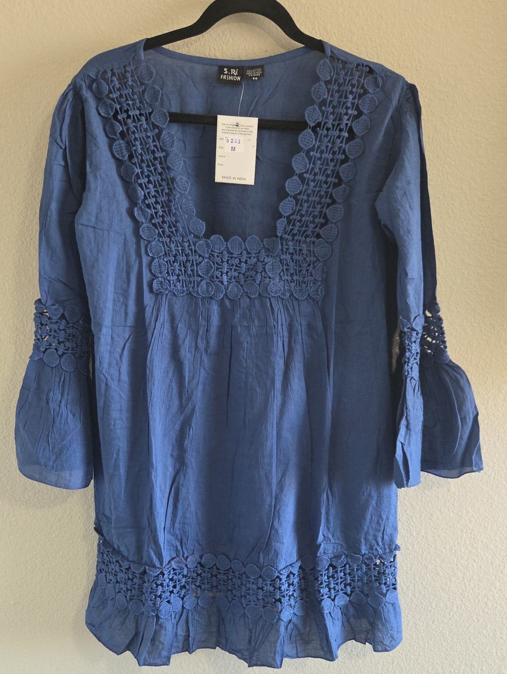NWT S.R. Fashion Blue Boho Crochet Lace Cotton Peasant Tunic Blouse M